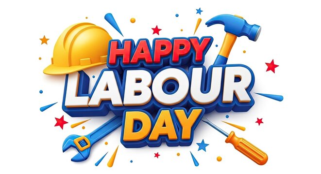 Vibrant labour day graphic with tools and celebratory elements
