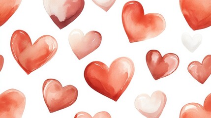 Fototapeta premium seamless watercolor pattern of large and small hearts, painted in soft tones of fuchsia, red, pink, with watercolor texture, white background