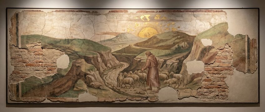 Ancient shepherd mural depicting rustic countryside scene with sheep and sunlit landscape