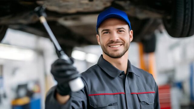 Faceless mechanic holding spray applicator under lifted vehicle, applying anti-corrosion coating, close-up on technique, defocused workshop environment, automotive care and protect