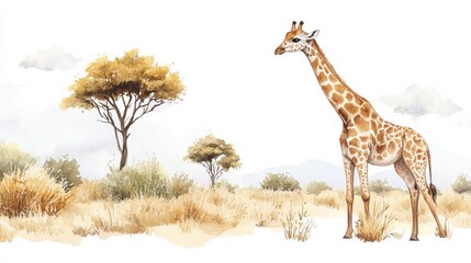 Obraz premium watercolor illustration of a cute giraffe with brown and yellow spots, standing gracefully in a serene savanna landscape, with soft pastel clouds 