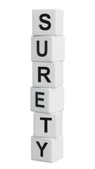 wooden elements with SURETY business word.close up of wooden elements,Business Concept.Supports PNG files with transparent backgrounds.