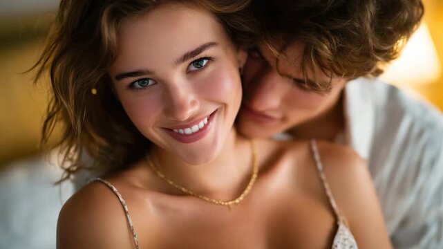 Faceless young man gently fastening a delicate necklace on smiling woman&rsquo;s neck, warm golden light, intimate romantic gesture symbolizing love and commitment, shallow depth of fiel