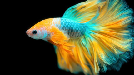 Colorful fish swims in deep water with vivid fins and scales