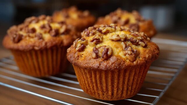 Golden muffins with chopped walnuts and crumbly streusel topping, wire cooling rack close-up, morning light illuminating baked textures, homemade bakery vibe