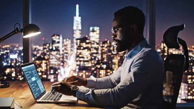 Man working late on laptop at desk with cityscape view at night, focused on screen with urban lights reflecting outside