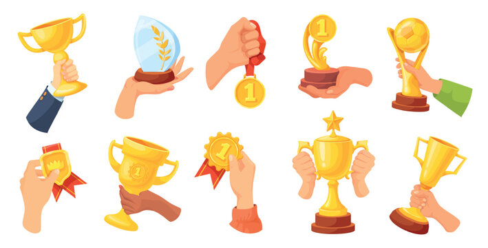 Hands hold trophy. Champion hand holding golden cup award, winner sport medal first place celebration win badge reward competition prize triumph goblet, neat vector illustration