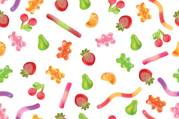 Jelly candy pattern. Realistic gummy candies seamless background, fruit sweet chewy marmalade cherry strawberry bear worms shape 3d sugar dessert snack exact vector illustration