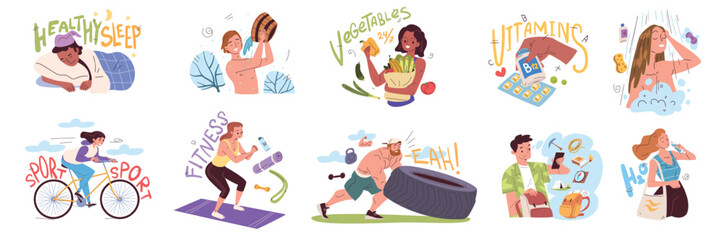 Fototapeta premium People healthy lifestyle. Health habits daily routine, mental wellness morning sport exercise drink water sleep food nutrition hygiene man woman schedule classy vector illustration
