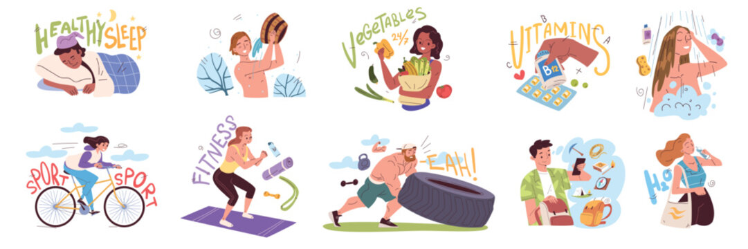 People healthy lifestyle. Health habits daily routine, mental wellness morning sport exercise drink water sleep food nutrition hygiene man woman schedule classy vector illustration
