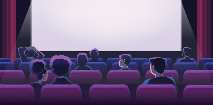 People cinema hall. Movie theater audience watching film, people crowd back rear view sitting on seats chairs row watch screen projector theatre stage classy vector illustration