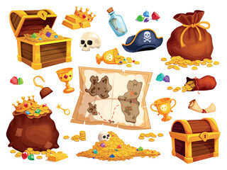 Fototapeta premium Pirate treasure set. Treasures chest, wooden box full gold coins piles jewelry medieval golden money bags old treasury pile find game map open chests ingenious vector illustration