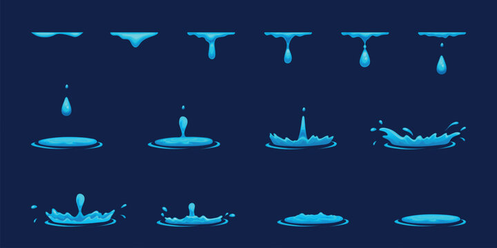 Dripping water animation. Liquid drip drop sprite sheet, rain droplet splash 2d game aqua fx waterfall effect ripple flow fall drops movement cartoon ingenious vector illustration