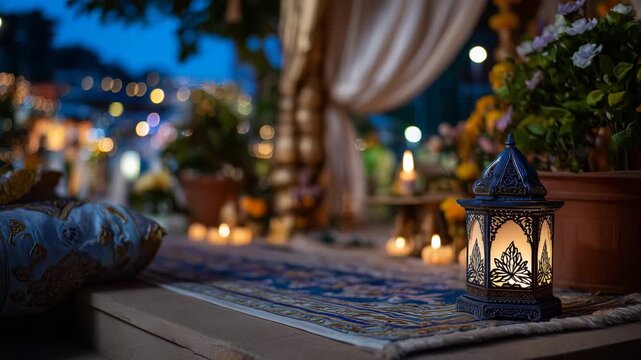 Moonlight falling on sacred shrine adorned with glowing lamps, close-up of ritual setup, soft warm illumination, spiritual ceremony in peaceful night setting, devotional ambiance