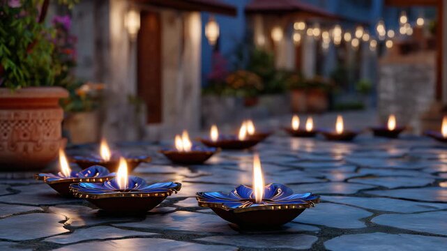 Moonlit courtyard with glowing lamps arranged for spiritual ceremony, close-up of flames and reflective surfaces, peaceful meditation scene, traditional nighttime ritual, soft illu