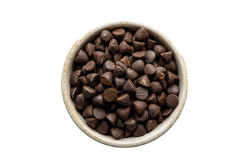 Fototapeta premium Chocolate chips filling a ceramic bowl, ready for baking and confectionery, providing a sweet ingredient. Transparent background