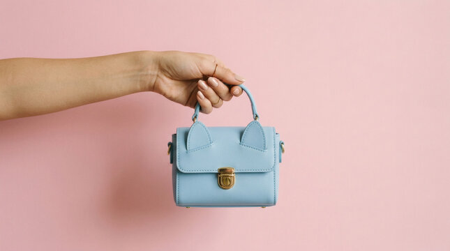 Sky Blue Kitten Bag Womans Hand Holds Stylish Purse on Pink.