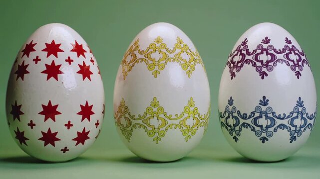 Three Decorated Easter Eggs in a Row on Green Background decoration painted