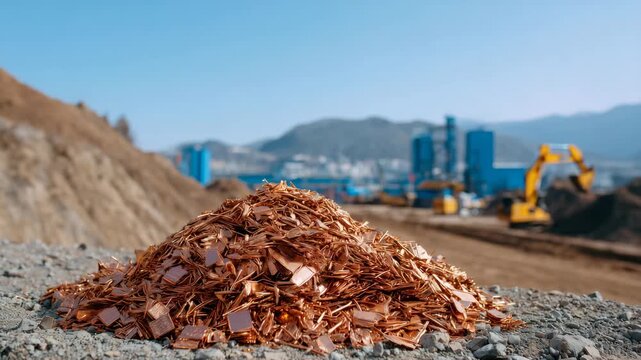 424Heap of bright copper scrap ready for industrial processing, close-up of metallic textures, sustainability and material recovery concept, defocused industrial operation backdrop
