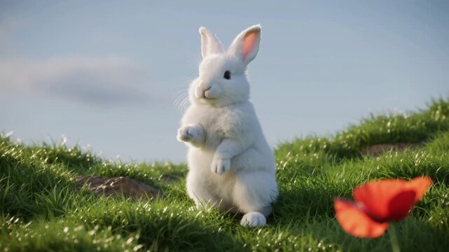 White rabbit standing on green grass with a red poppy flower bunny animal