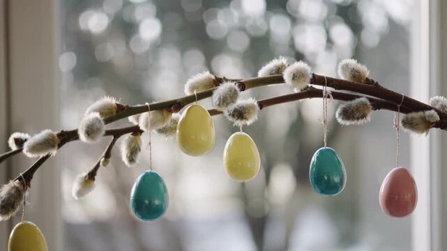 Pussy willow branches with hanging Easter eggs near a window image photo