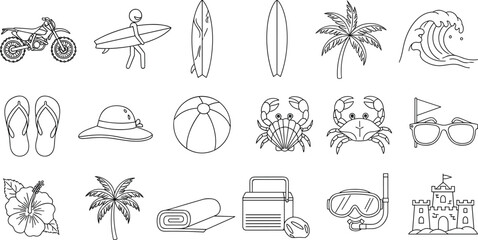 Collection of beach and summer vacation icons featuring palm trees surfboards sandcastles crabs and ocean waves for tropical seasonal designs, © MDMOHOBBAT