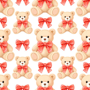 Pattern whis bears in a bow. Watercolor illustration hand drawn. Seamless print on transparent background for children's textile design, fabric, packaging, wallpaper, kids clothes