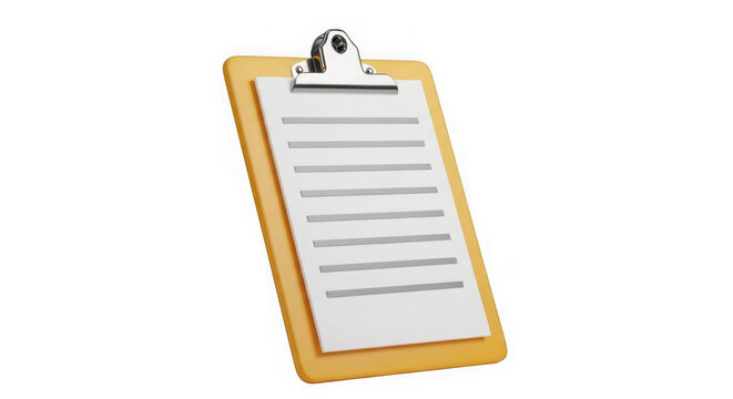 A yellow clipboard with a blank white paper attached to it isolated on transparent background