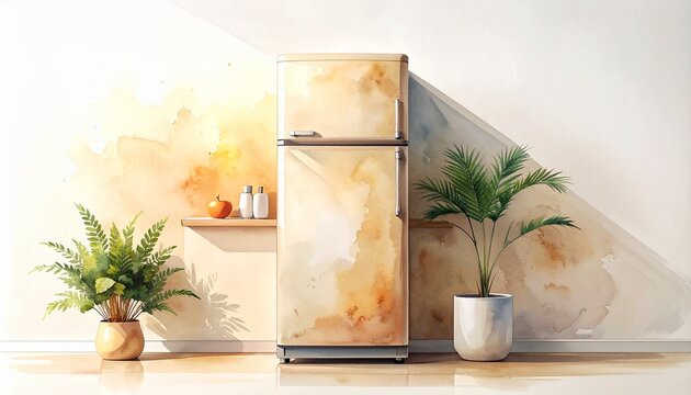 Artistic Watercolor Painting of a Modern Fridge and Potted Plants Representing Minimalist Lifestyle and Home Decor