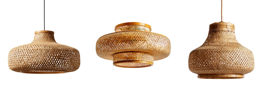 Set of Eco friendly rattan pendant lamp shade hanging on transparent png background. Ai generated
