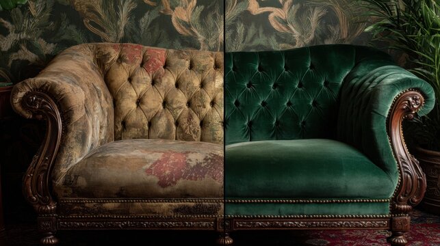 Before and after restoration antique tufted chesterfield sofa velvet upholstery