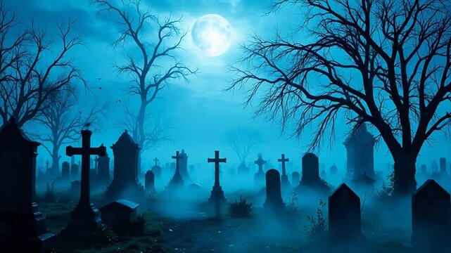 Moonlit graveyard with tombstones and bare trees