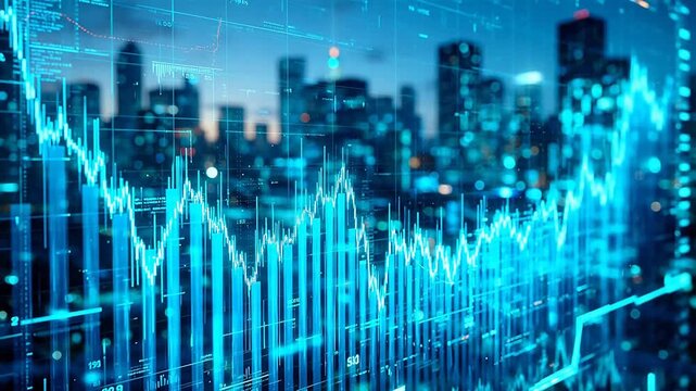 Stock market graph over city skyline