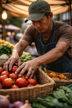 Farmer carefully sorting fresh red tomatoes in a wicker basket at a bustling outdoor market, showcasing dedication to quality, local organic produce and sustainable small scale farming