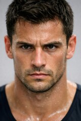 Fototapeta premium Man with an intense expression and glistening sweat on his face and chest, conveying determination and the physical effort from a demanding athletic activity