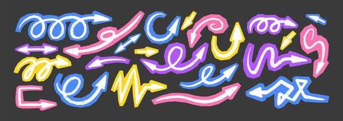 Naklejka premium Playful hand-drawn doodles featuring bold directions and shapes. Thick chalk texture with cute curves, perfect for creative collages. Color vector illustration.