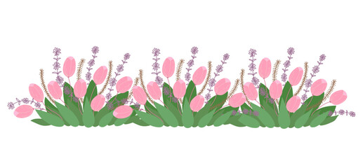 Pink tulips and salvia flower horizontal flowerbed edge on field in flat cartoon  design. Spring seasonal bouquet border with blossoms and leaves, ornament for greeting card. Vector illustration © Yuliia