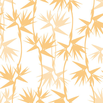 Seamless pattern with stylized strelitzia flowers and tropical leaves in ellow tones. Hand drawn watercolor drawing illustration with botanical plant elements.for textile fabric wallpaper packaging