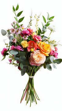 Vertical mixed flower bouquet with roses and spring blooms isolated on white background. Elegant floral arrangement for wedding design, greeting cards and botanical decor.