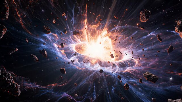 Stunning cosmic scene of a supernova explosion in deep space, with vibrant colors, glowing gas clouds, and dynamic stellar energy.