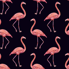 Obraz premium Pink flamingo seamless pattern, watercolor illustration tropical birds in repeat layout, For textile, fabric, wallpaper, packaging, wrapping paper, surface design, branding and international day theme
