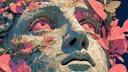 Naklejka premium Ancient stone face with pink butterflies and flowers in surreal art style