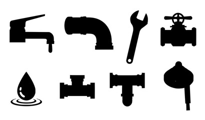Plumbing service flat icons pipes faucet valve and water system