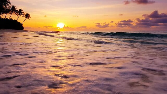 A serene beach scene at sunset with calm waves and a distant island view aaaa (111).mp4
