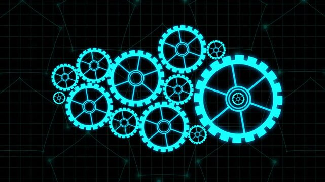 Cluster of glowing cyan gears interlocking on dark grid background with nodes and lines, digital mechanical system visualization with network connections, futuristic technology gears animation.