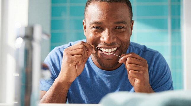 Man flossing teeth in bathroom for personal hygiene