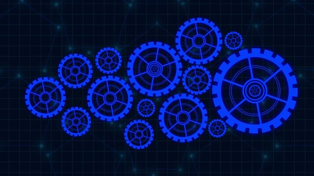 Collection of vibrant blue gears meshed together against dark grid with glowing nodes, blue mechanical system visualization with digital network connections, futuristic technology gears animation.