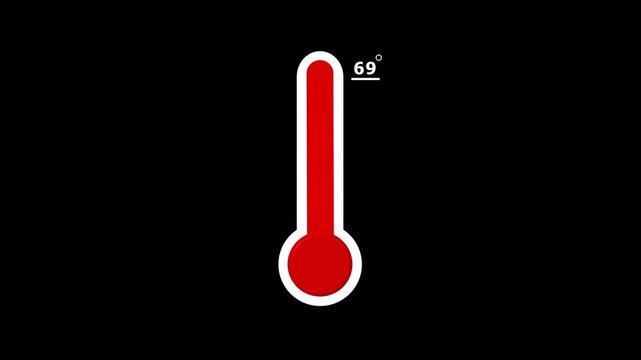 69 Degree Red Thermometer Icon Animation on Black Background, Temperature Level Rising Graphic for Weather and Health