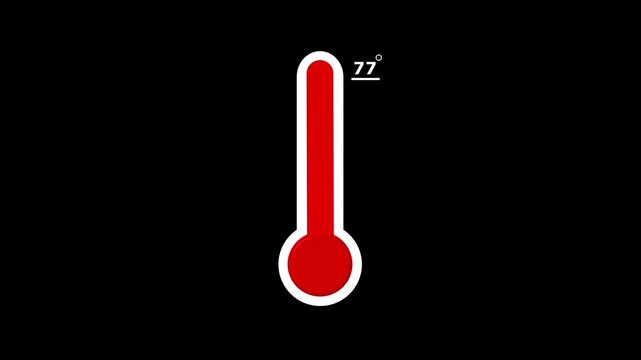 77 Degree Red Thermometer Icon Animation on Black Background, Temperature Level Rising Graphic for Weather and Health