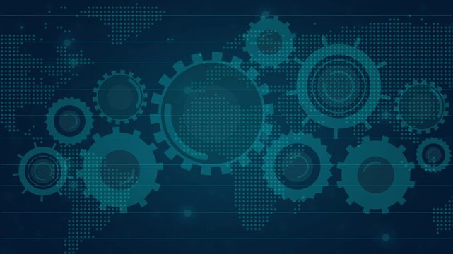Cyan digital world map with interlocking gears on dark blue technological background, global digital system concept with mechanical technology design, futuristic network animation.